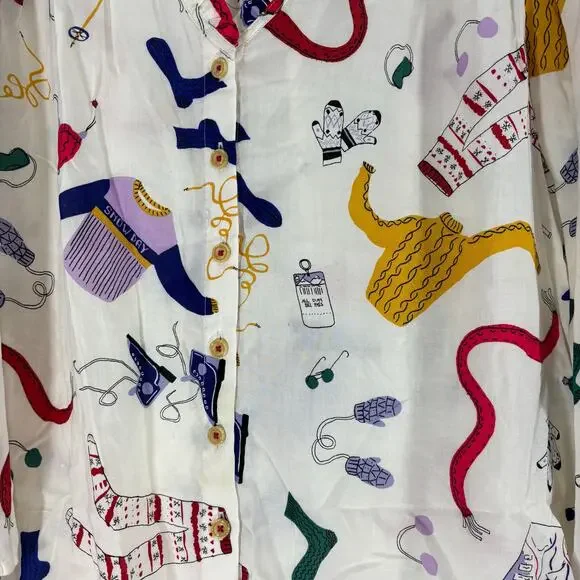 Anthropologie Maeve Marisol Ruffled Blouse 6P Ski Print Button Front snow - Picture 5 of 7